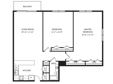 Floor plan for 2 beds, 1 bath, 949 sqft
